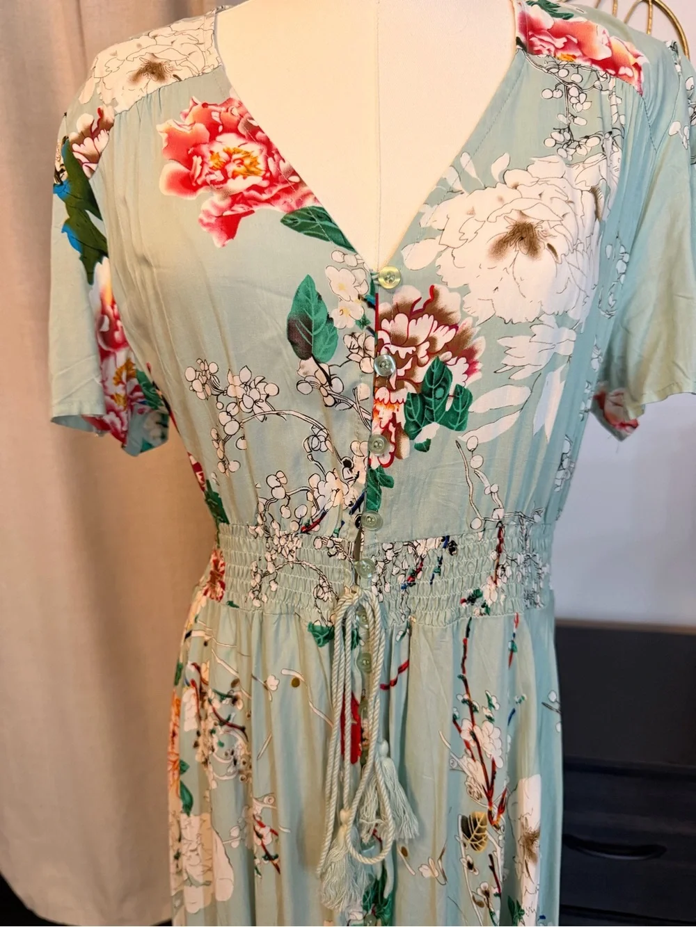 SHEIN Mint Green Floral Maxi Dress with Tie Waist